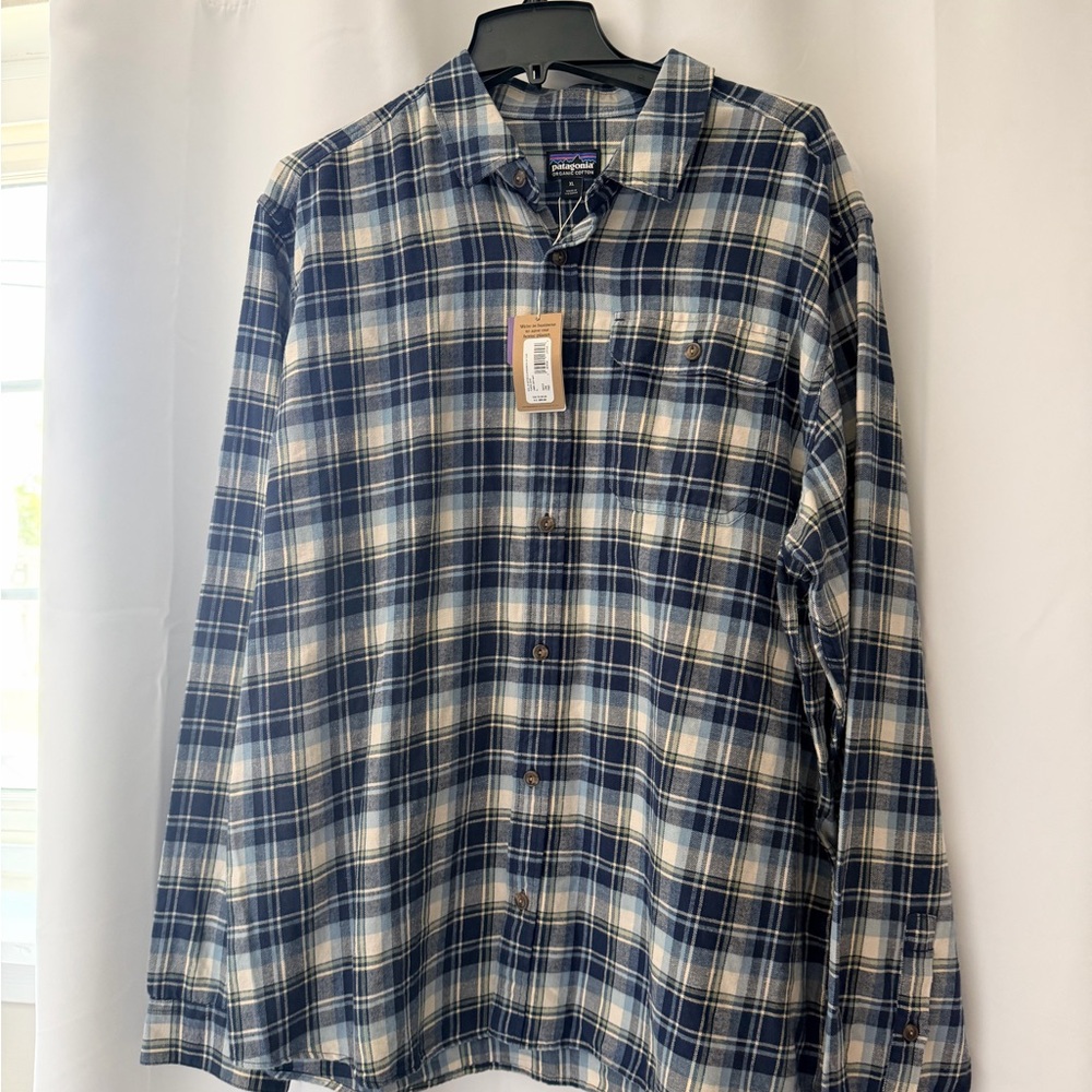 Patagonia Blue and White Plaid Long-Sleeve Button-Down Flannel